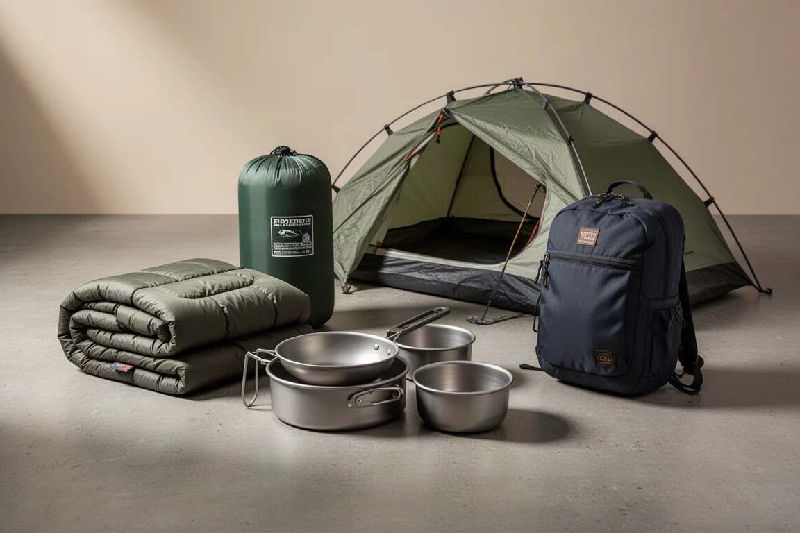 Four budget camping items arranged on a concrete surface for review