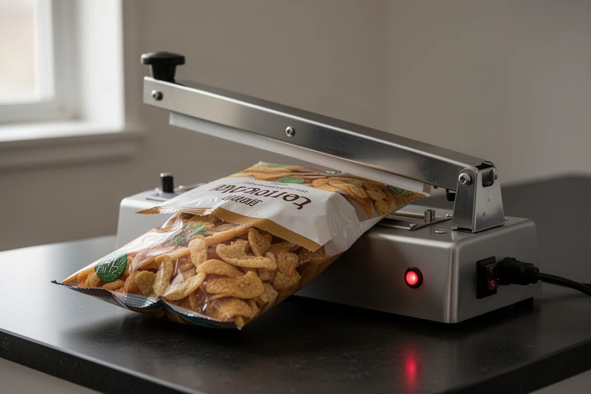 Impulsmachine die op een snackzak wordt gedrukt met een rood indicatielampje dat oplicht