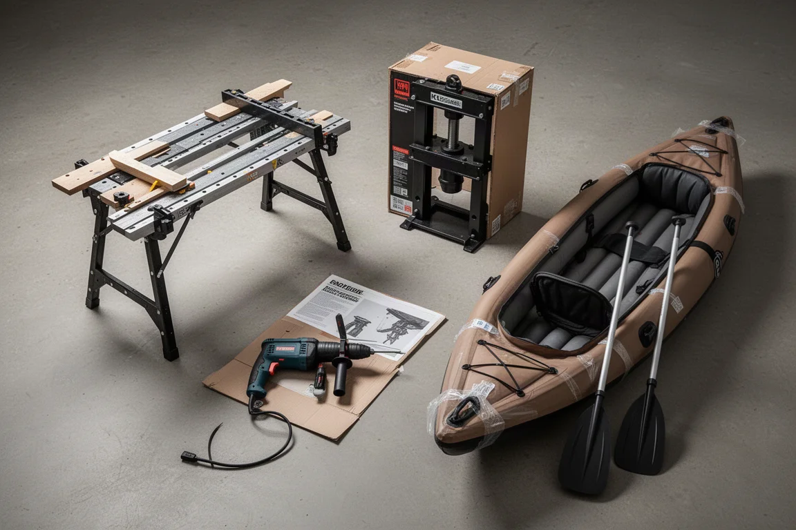 Assortment of tested products including a rotary hammer, folding workbench, hydraulic press box, and inflatable kayak on concrete