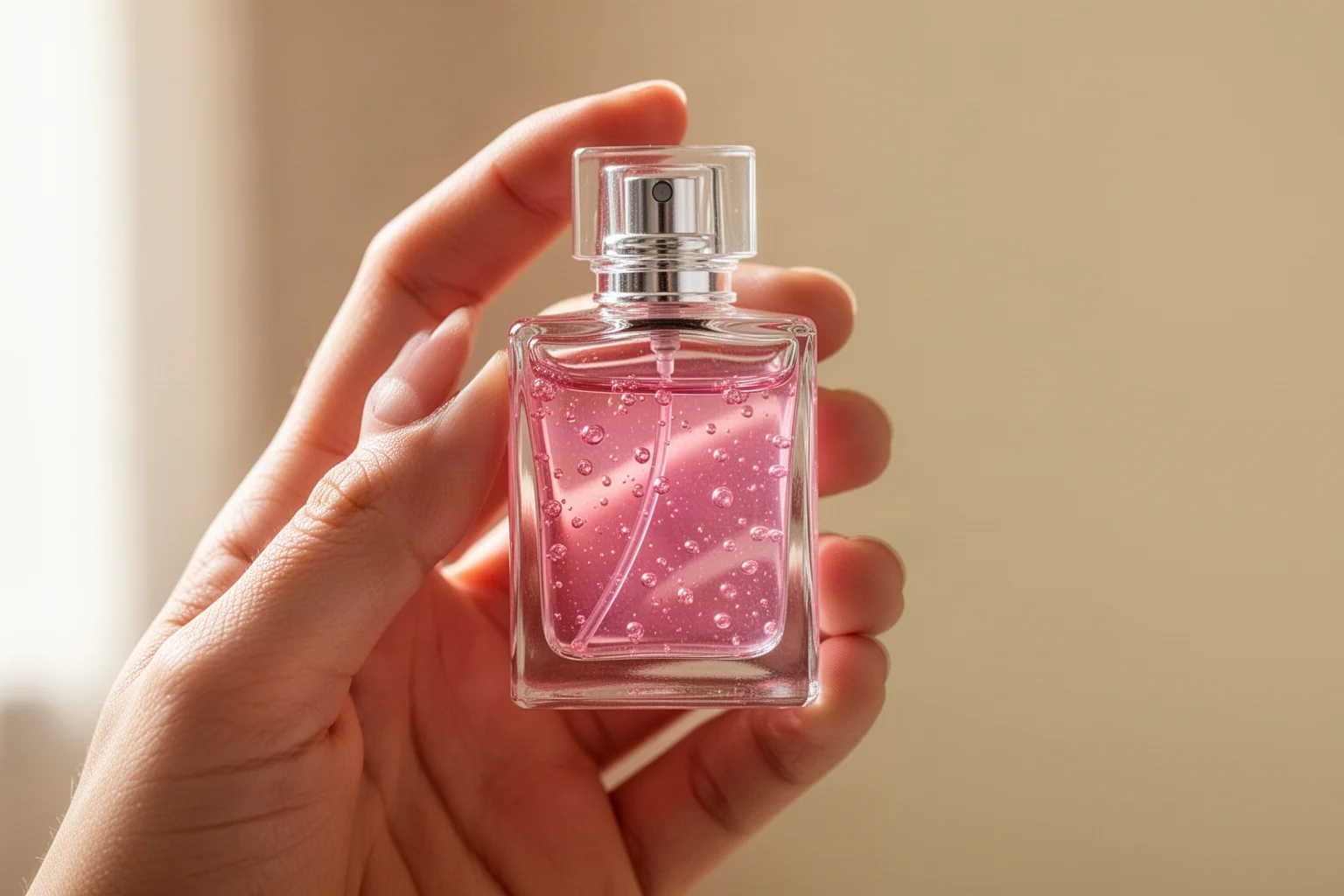 Hand, die eine kleine Glasparfümflasche mit rosa geleeartiger Flüssigkeit hält