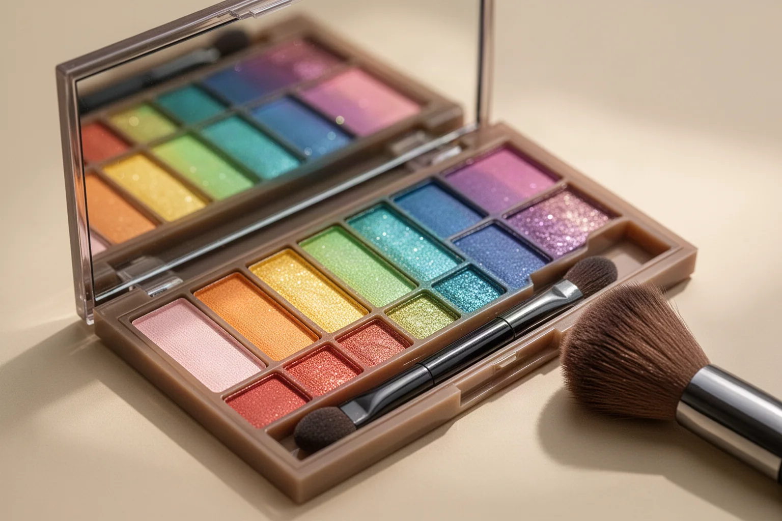 Regenbogen-Lidschattenpalette mit Chrom- und schillernden Farbtönen