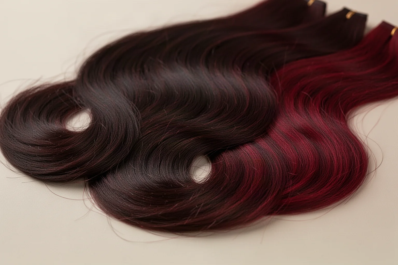 Haarfarben-Muster, die dunkle Kirsch-Cola-Farbe auf blondem Haar zeigen