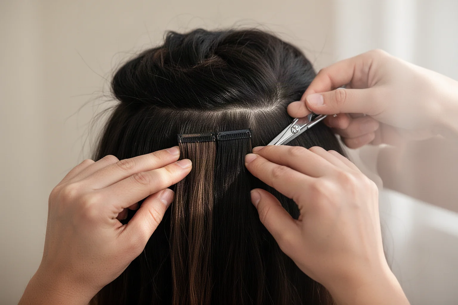 Magnetische Haarverlängerungen, die in dunkles Haar geklippt werden