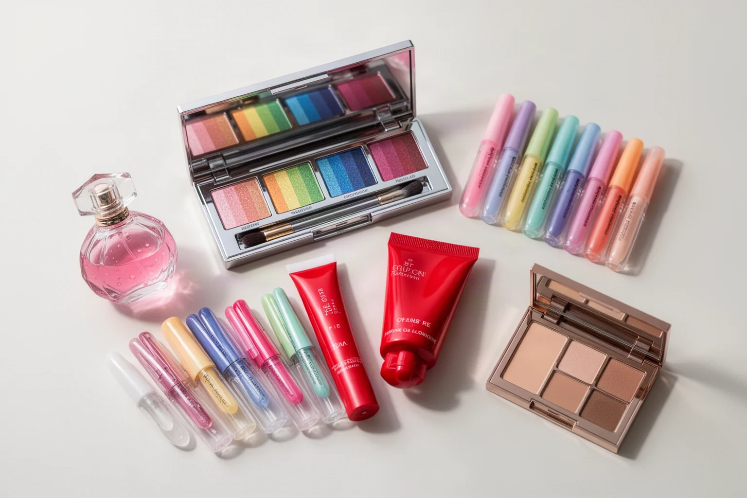 Flachliegende Beauty-Produkte, darunter Jelly-Parfüm, Regenbogen-Lidschatten, Haarfarbe und Nagelstifte