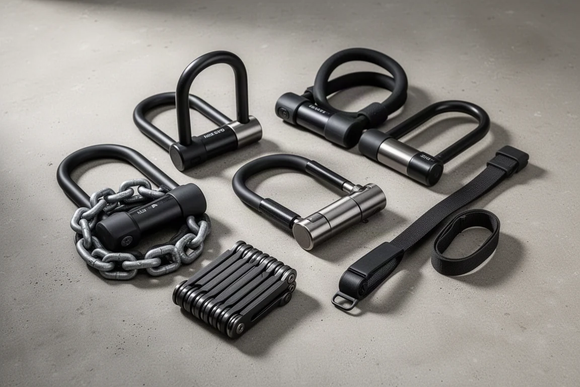 Group of bike locks including a chain lock, U-lock, folding lock and wearable strap lock on concrete