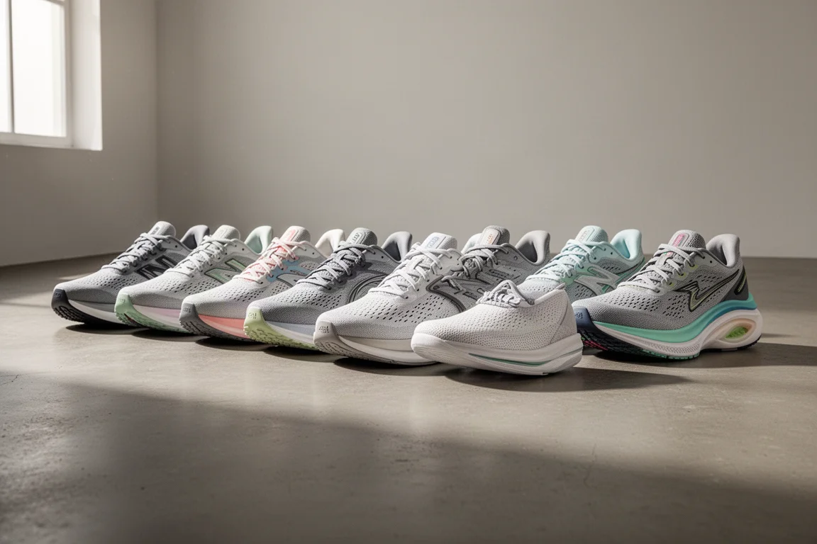 Lineup of ten modern running shoes on a concrete studio floor