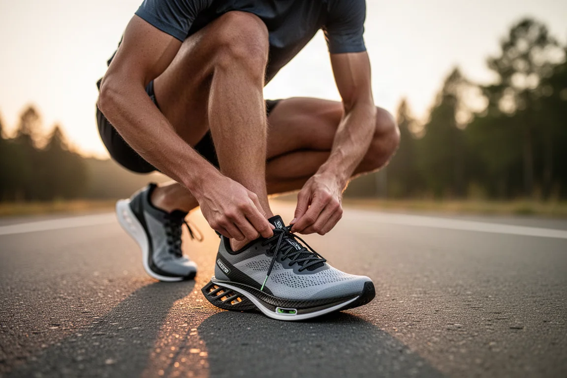 Un coureur lace une chaussure de course à plaque carbone sur une route tranquille avant une sortie matinale