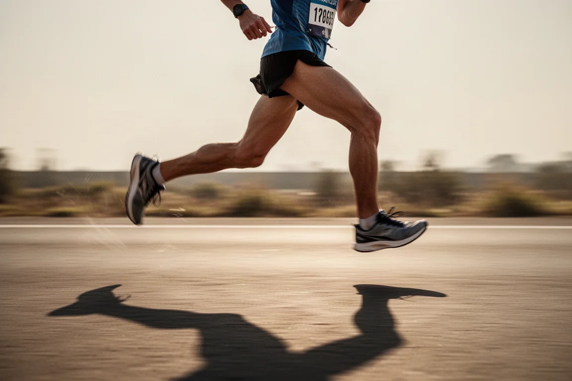 Marathonien en phase d'appui médio-pied lors d'une longue sortie sur route