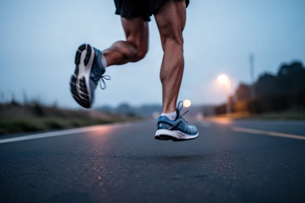 Un coureur accélère lors d'un tempo run sur route sous une douce lumière du soir