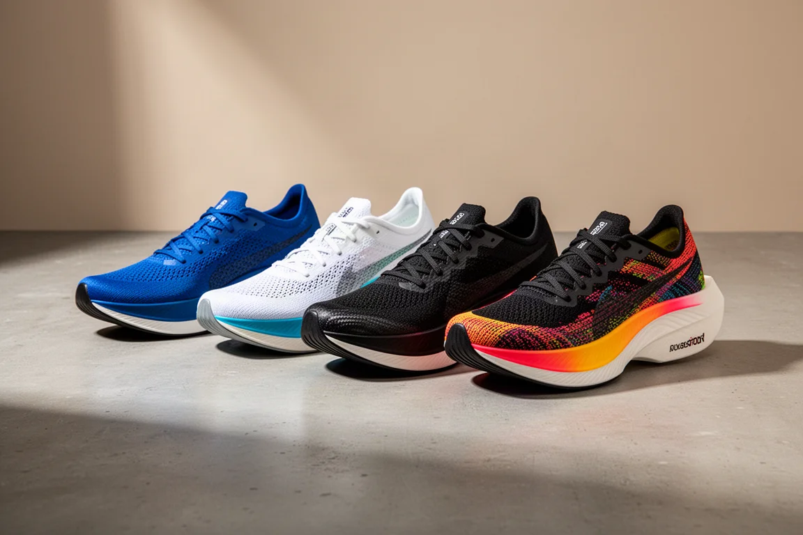 Fünf Wettkampfschuhe mit Carbonplatte in einer Reihe auf einer Betonfläche