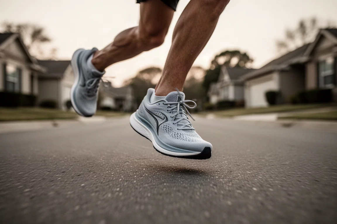 Leichter Laufschuh in Bewegung bei einem Tempolauf auf einer leeren Straße