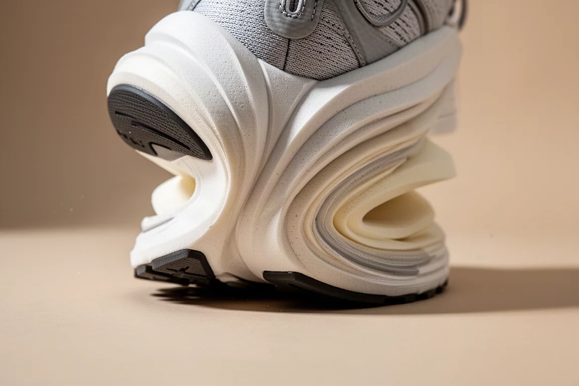 Laufschuh mit hohem Stack und Dämpfung, der Schaumstoff auf weichem Untergrund komprimiert