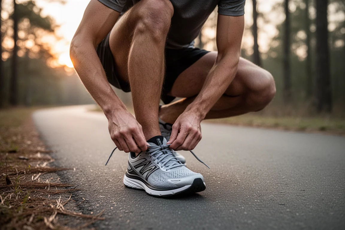 Läufer schnürt am Trailhead die Laufschuhe vor einem langen Lauf
