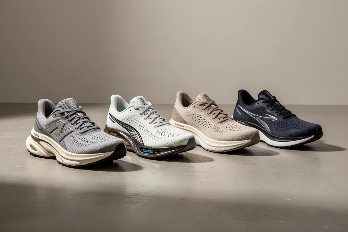 Cinque scarpe da running con diversi livelli di ammortizzazione disposte su una superficie di cemento