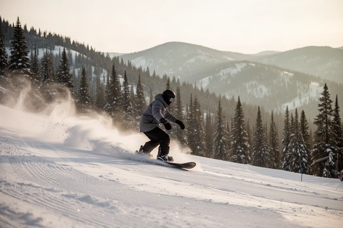 Snowboarder trazando curvas en una pista preparada con luz suave de la mañana