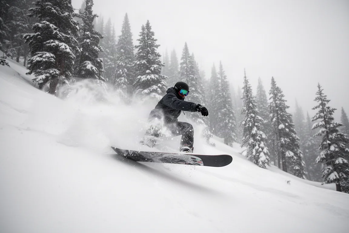 Snowboarder flotando sobre nieve polvo profunda