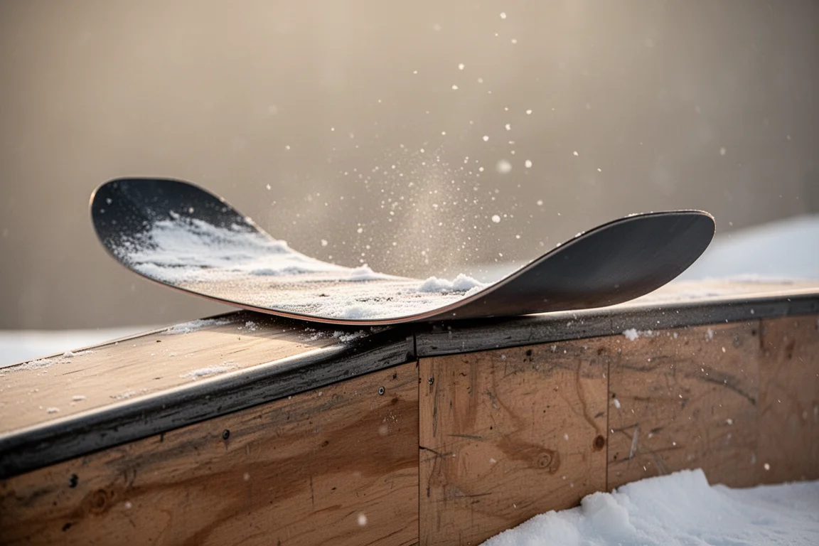 Tabla de snowboard ancha apoyada en un rail del parque al atardecer