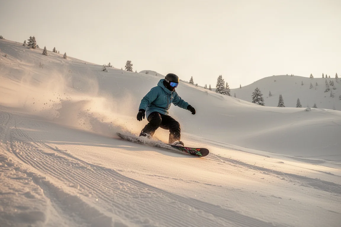 Snowboarder descendiendo una línea all-mountain por terreno mixto