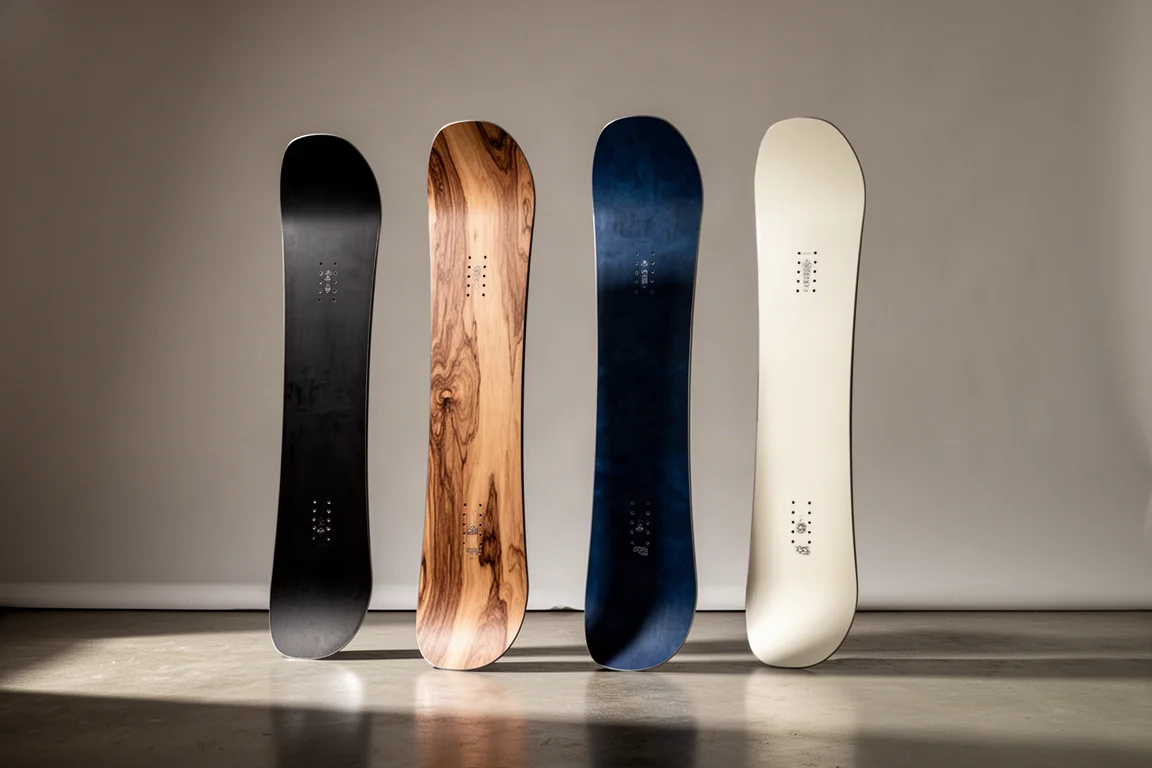 Fila de tablas de snowboard con diseños de lámina superior variados, colocadas de pie sobre un fondo gris