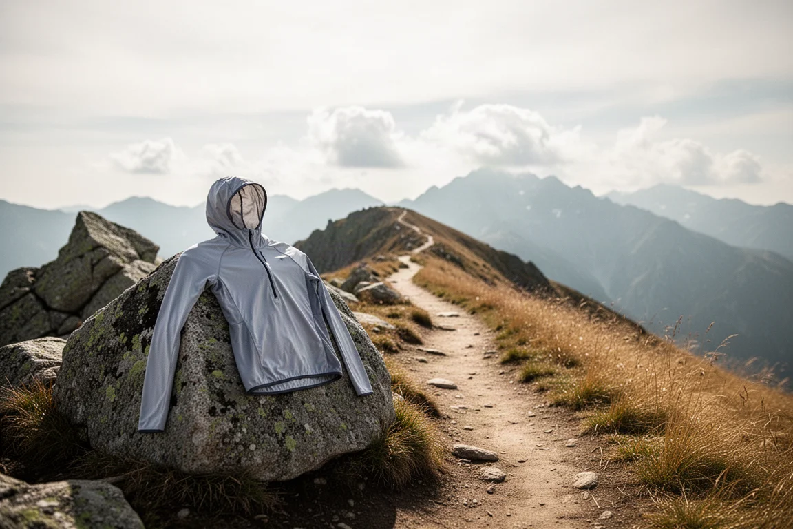 Escursionista che controlla un orologio GPS su un sentiero roccioso in cresta sopra le valli montane