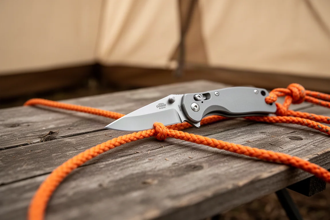 Coltello a lama fissa appoggiato su legno consumato accanto a cordame avvolto