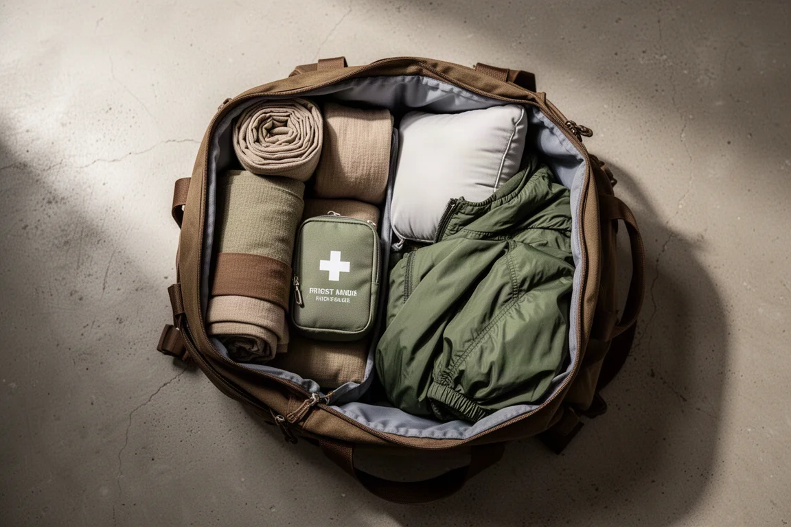 Kit di primo soccorso aperto con bende e articoli per vesciche su una superficie grigia