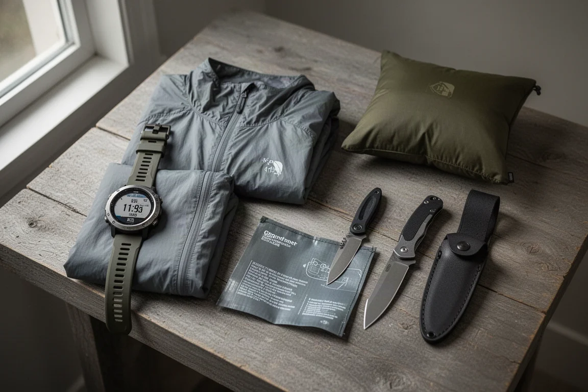 Flat-lay of backpacking gear including a GPS watch, windbreaker, ground sheet, pillow, and two knives