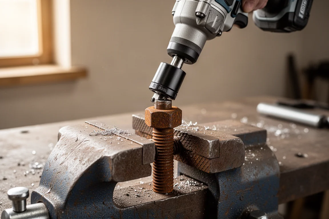 Impact wrench loosening a large rusty bolt on a workshop bench