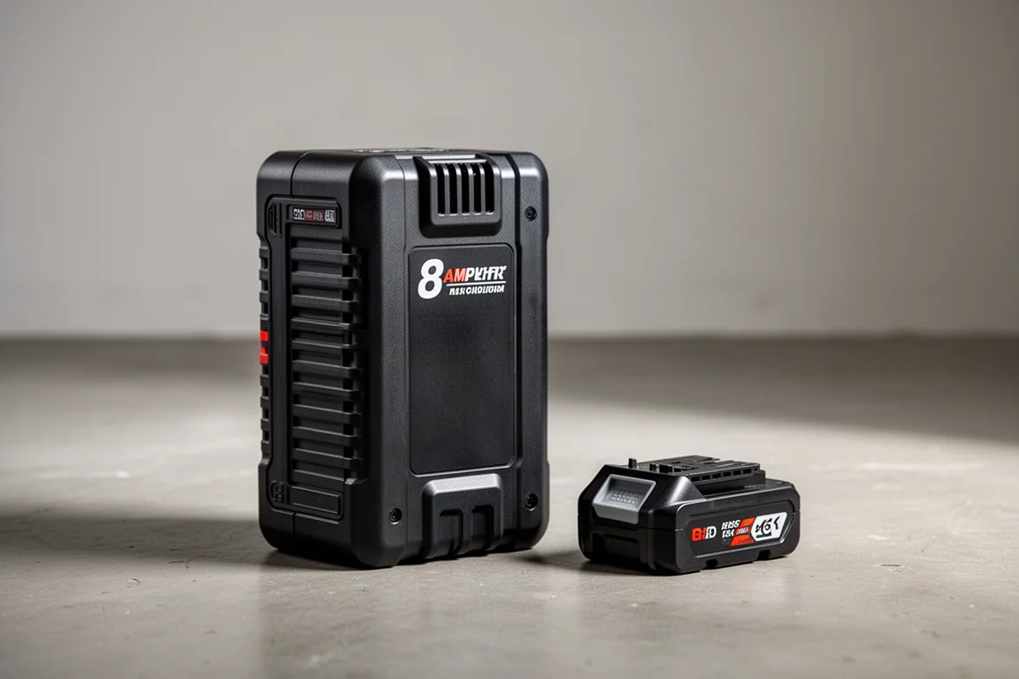 Large 8Ah cordless power tool battery standing on a concrete floor
