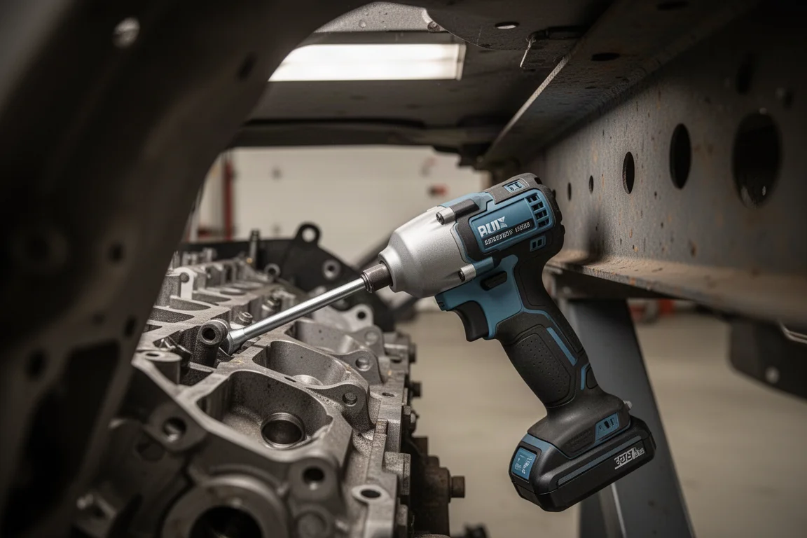 Right angle impact wrench reaching into a tight engine bay space