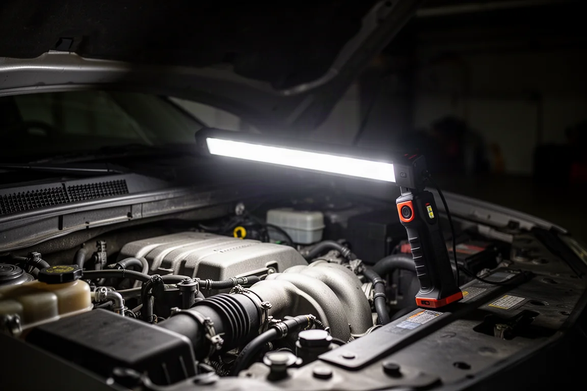 LED inspection light bar illuminating a dark engine compartment