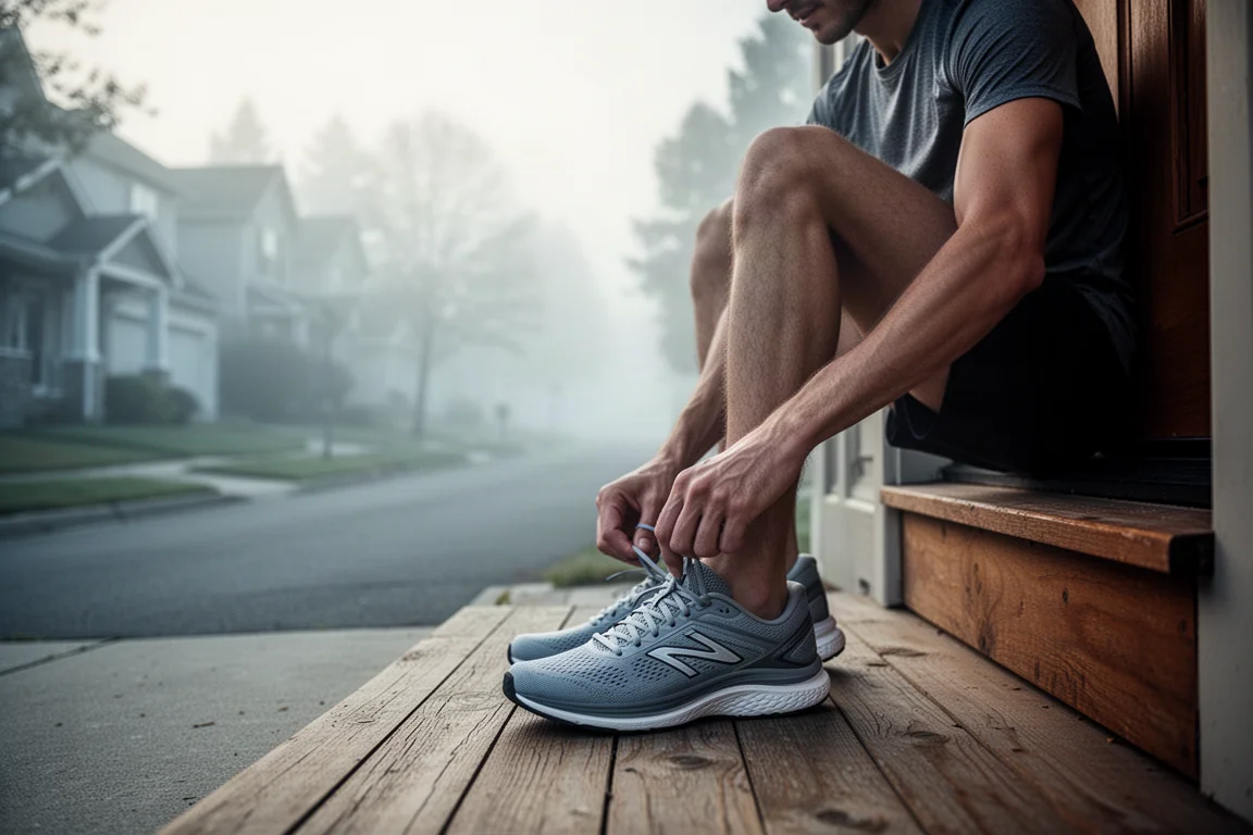 Runner lacing up a pair of daily trainers on a doorstep before an early morning run