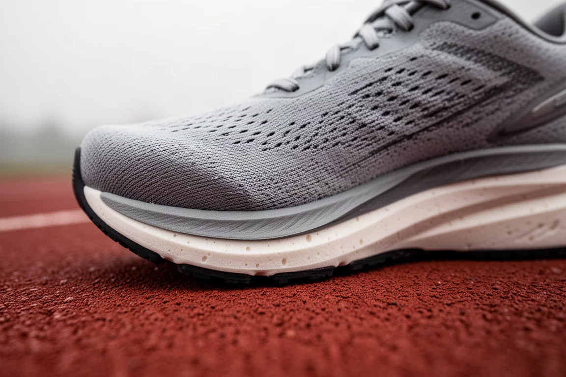 Close-up of a thick cushioned running shoe midsole resting on a track surface