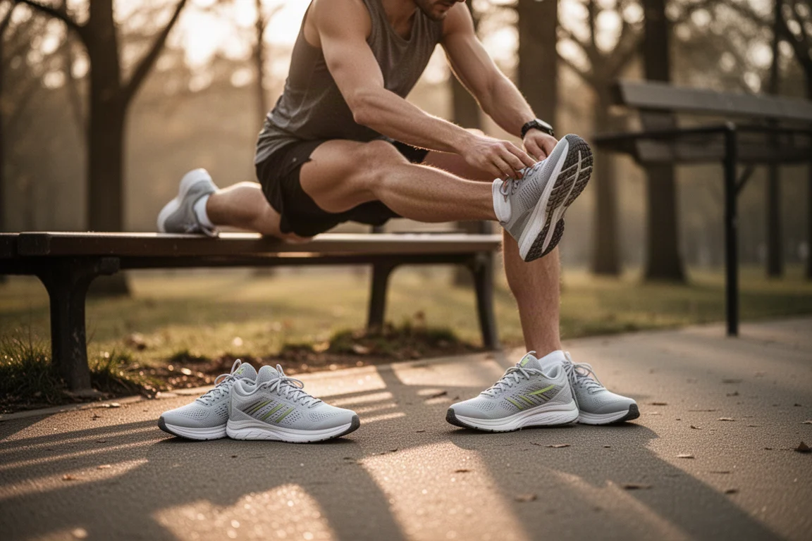 Runner stretching on a park bench beside a pair of lightweight trainers