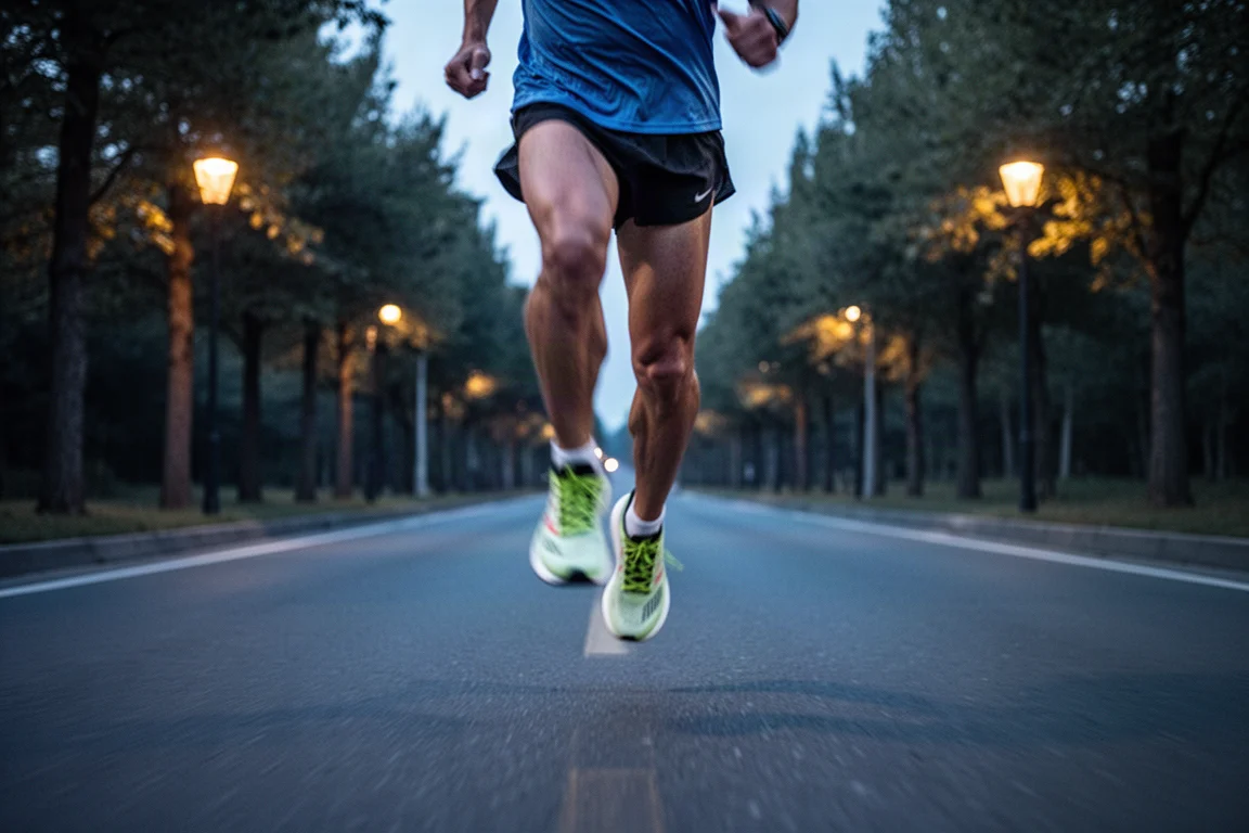 Runner accelerating through strides on an empty road at dusk