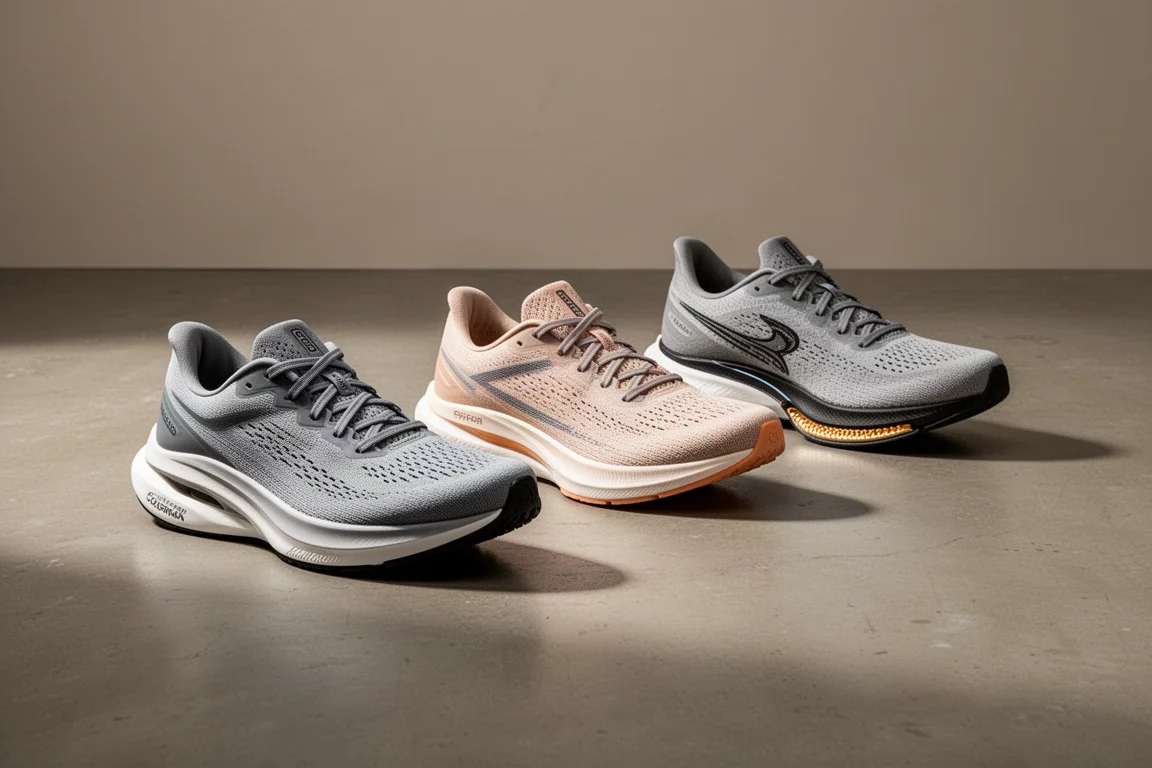 A row of varied modern running shoes on a matte concrete floor
