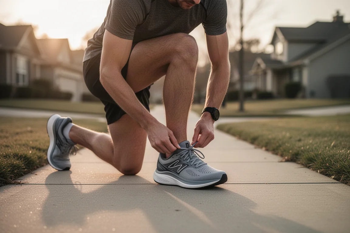 Runner lacing up a daily trainer on a quiet suburban street at sunrise