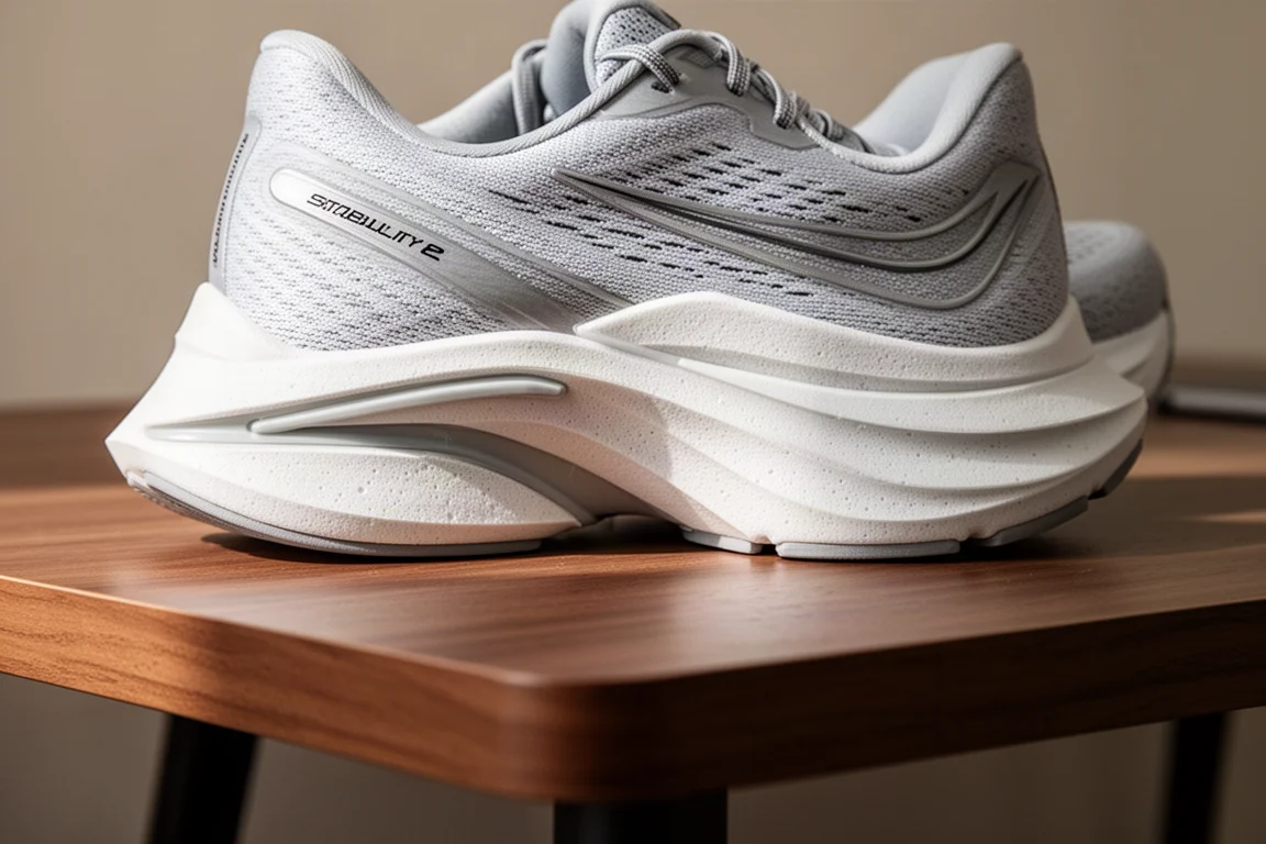 Close-up of a stability shoe midsole showing guide rail and flared sidewall