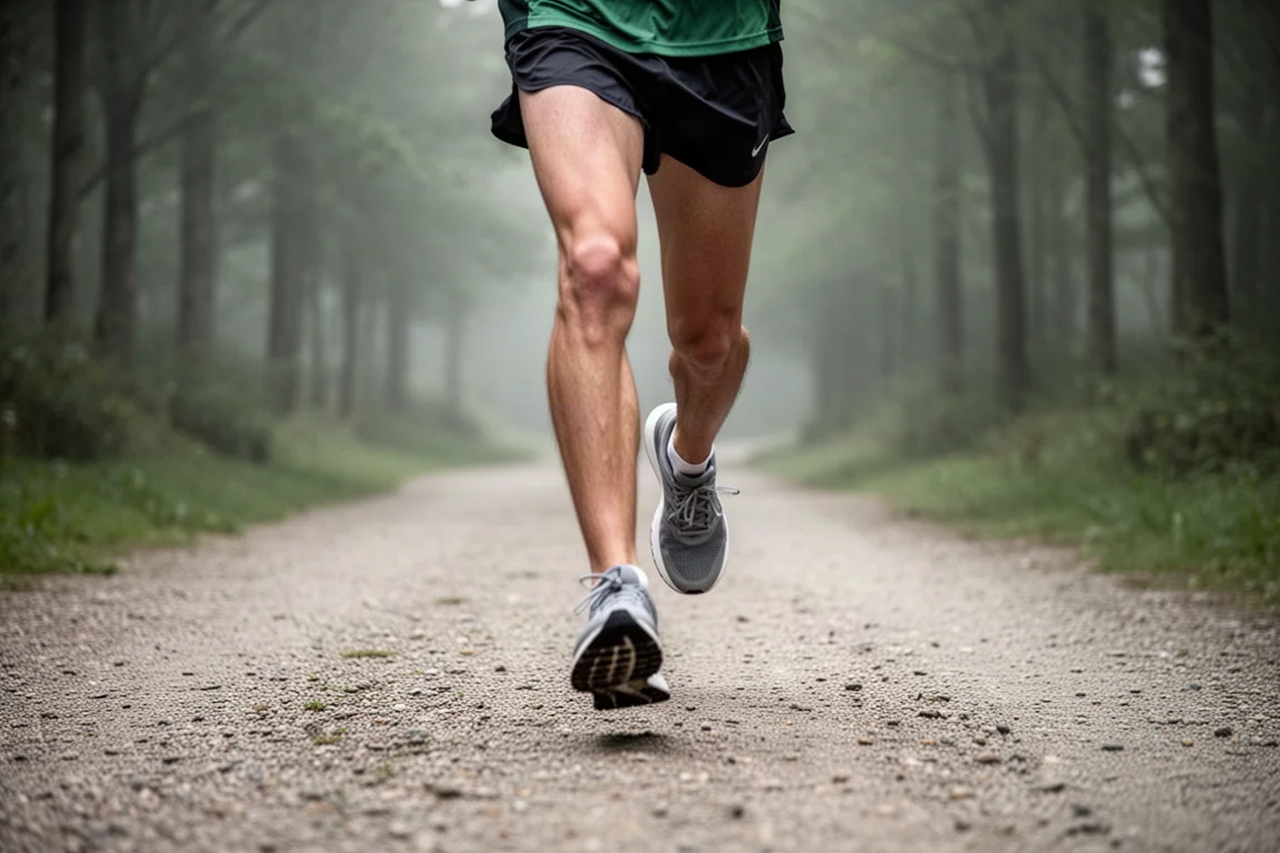 Runner settling into an easy rhythm on a tree-lined gravel path