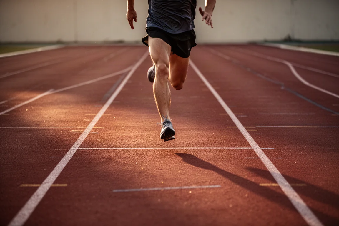 Athlete running intervals on a track under evening light