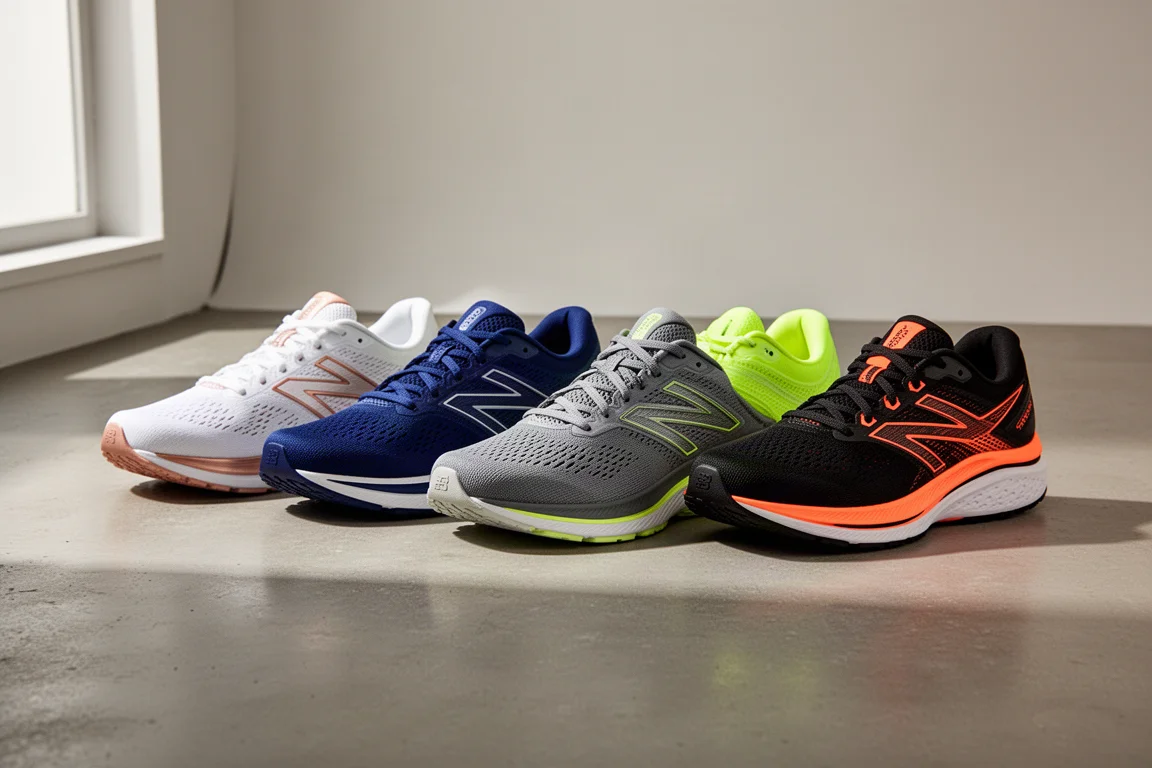 Six modern running shoes arranged in a row on a concrete studio floor