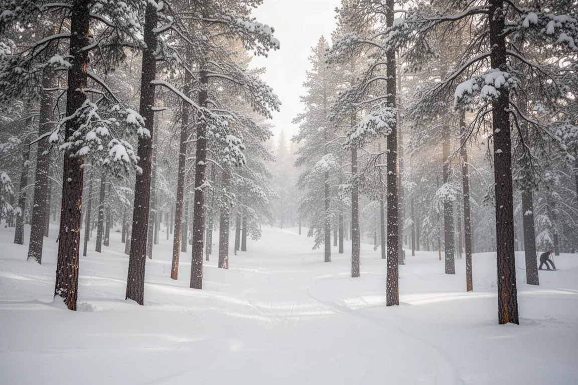 Lichte droge sneeuw valt door ruim geplaatste bomen in een rustig skigebied