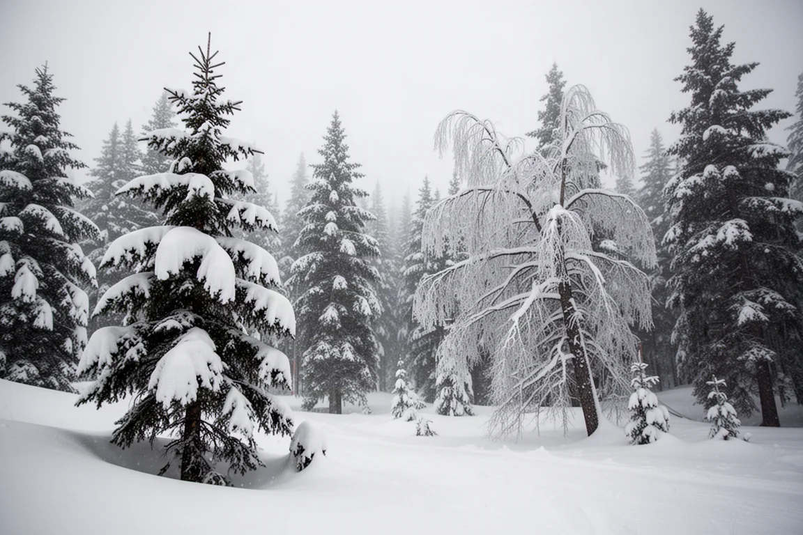 Zware sneeuwval hoopt zich op op takken in een afgelegen bebost skigebied