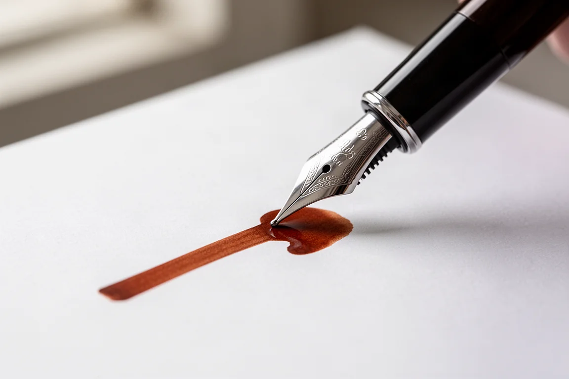 Pluma estilográfica escribiendo una muestra de tinta marrón sobre papel blanco