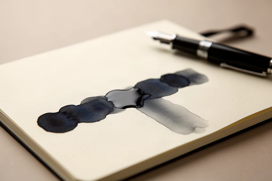 Pluma estilográfica escribiendo con tinta azul negro oscura sobre papel de cuaderno