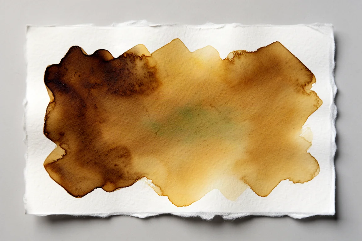 Muestra de tinta marrón amarillenta con sombreado intenso secándose sobre papel blanco