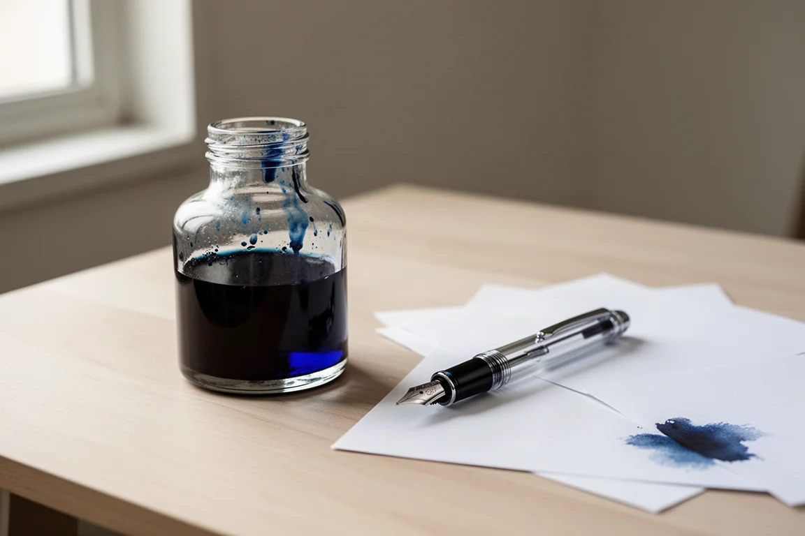 Frasco de tinta a medio vaciar junto a una pluma estilográfica sobre un escritorio