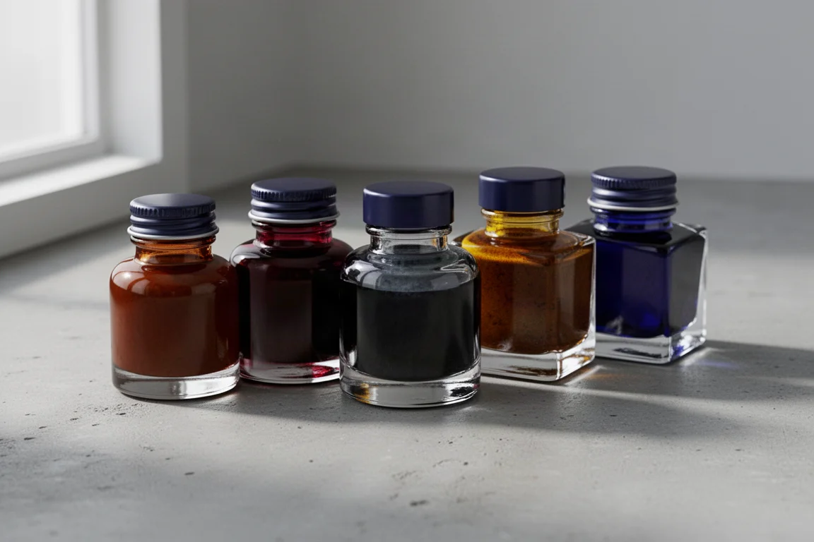 Fünf Glastintengläser in braun, rot, blauschwarz, tabakfarben und saphirblau auf einer Betonoberfläche