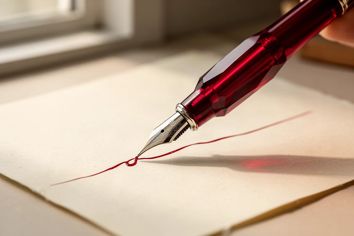 Handen schrijven met een facetgeslepen rode acryl vulpen op crèmekleurig papier