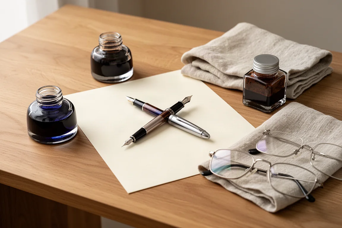 Vulpen en inktpotten klaargezet voor een ontspannen lange schrijfsessie